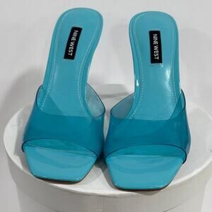 Y2K Barbiecore Lucite Heel Mule Sandals Square Toe Blue Nine West Heels 7M